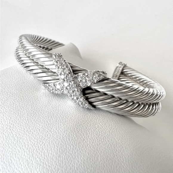 David Yurman Sterling Silver Double Row Diamond X Cable Bracelet - Picture 3 of 16